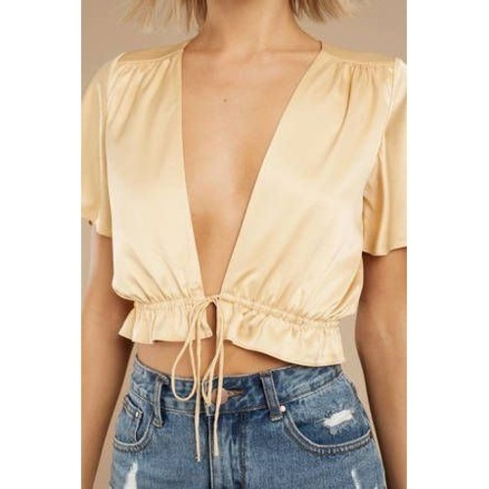 Womens Tie Front Coquette Yellow Satin Crop Top S Golden Boho Romantic Festival